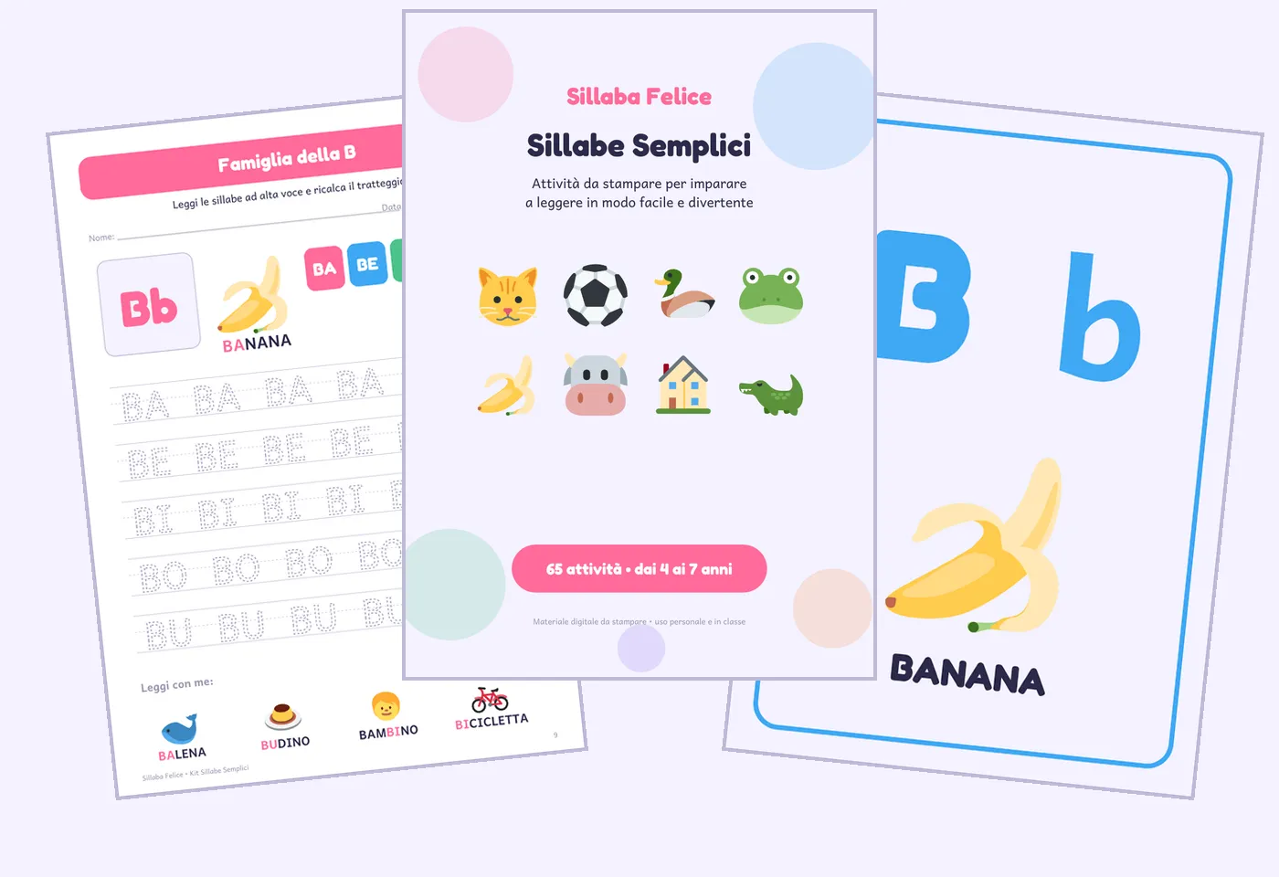 Pagine del kit Sillaba Felice: copertina, famiglia della B e cartellone della lettera B